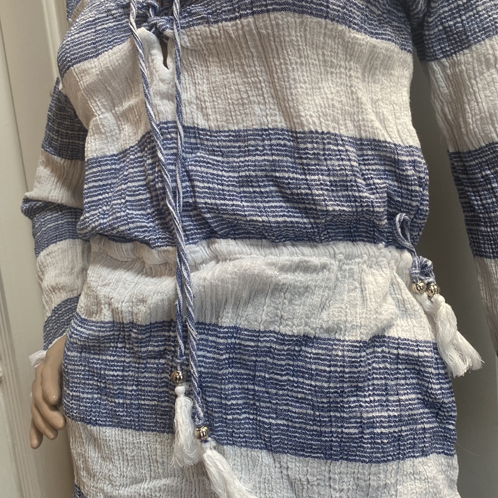 Blue Island Womens L Boho Fringe Long Sleeve Top. Blue and White stripes. - Picture 6 of 12